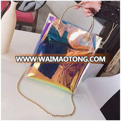 Amazon Hot Sale Shiny Hologram Rainbow laser cut pvc messeng tote bags